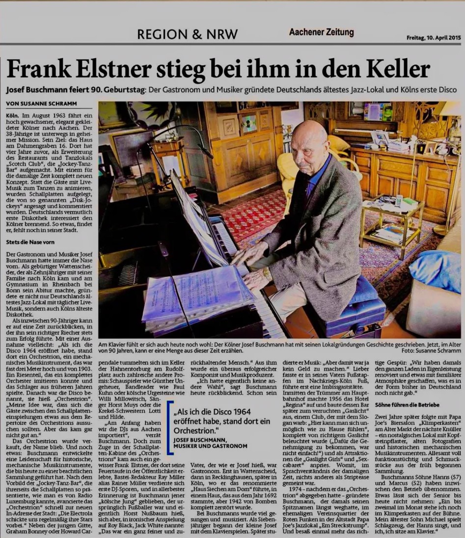 Aachener Zeitung, 10. April 2015: »Frank Elstner stieg bei ihm in den Keller«