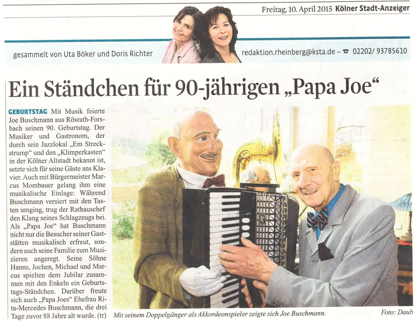Kölner Stadt-Anzeiger: Ein Ständchen für 90-jährigen „Papa Joe“